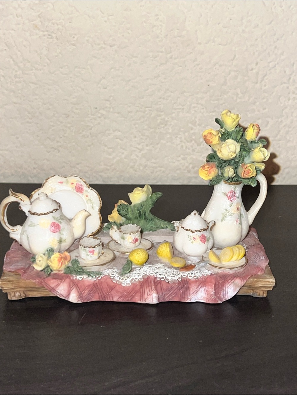 Miniature Floral Tea Set Centerpiece with Yellow Roses Business Card holder